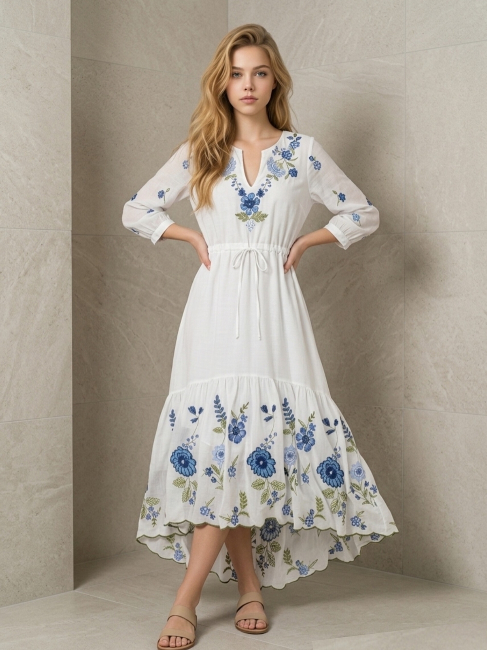 Marie Mercie White Embroidered Midi Dress with Blue Floral Details
